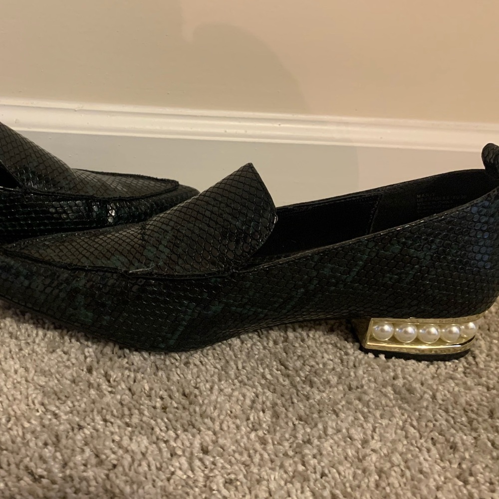 Black Textured Loafers with Pearl Embellished Heel